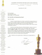 Scanned image of the awards letter sent to Don Keele from the Academy of Motion Pictures Arts and Sciences for Scientific and Technical Achievments
